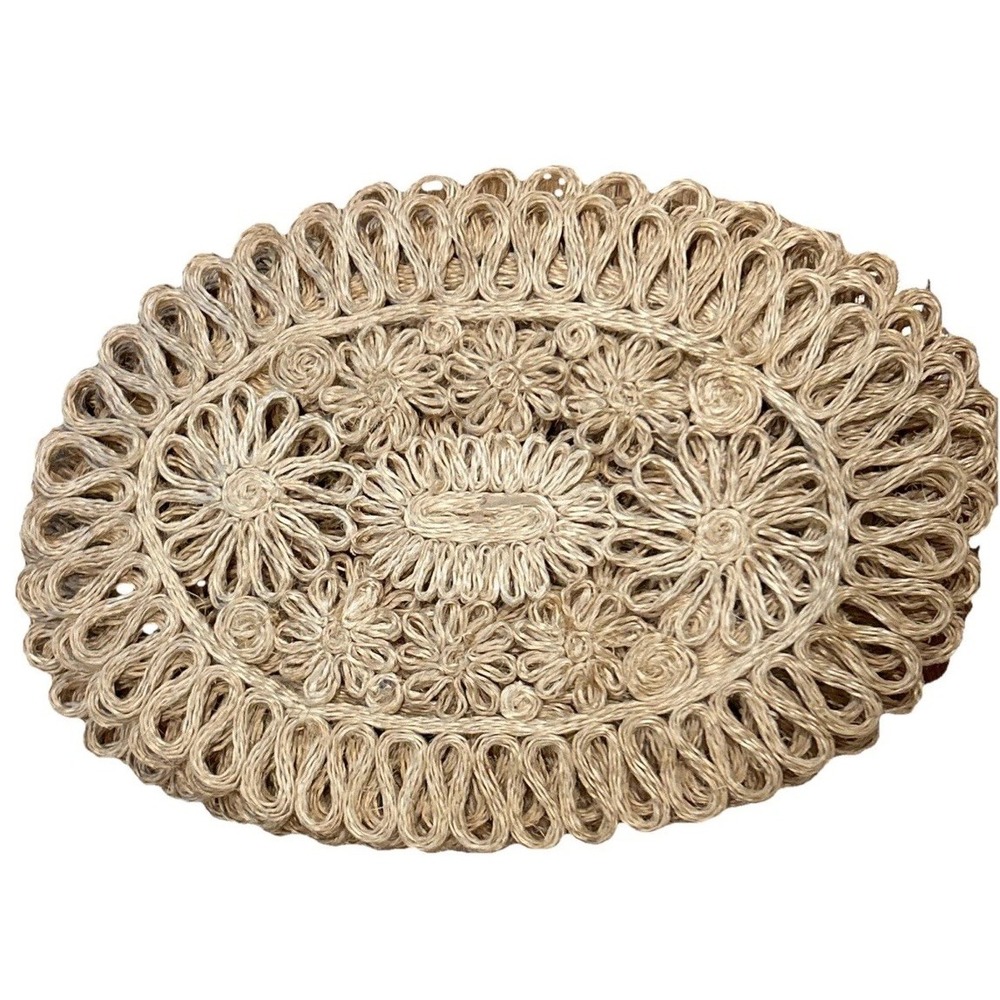 Set Of 7 Vintage Abaca Hemp Centerpiece Placemats Woven Floral Scrolled MCM Boho